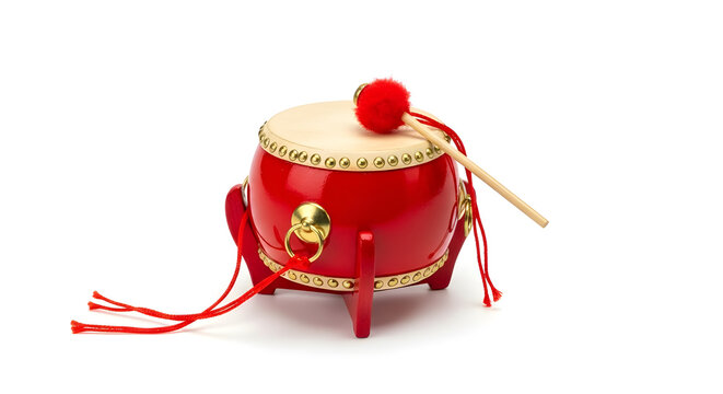 Vibrant red Chinese drum with a natural beige skin head and a matching red mallet, adorned with gold accents and decorative red tassels. isolated PNG with Transparent Background