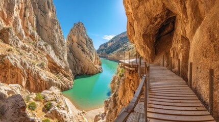 Scenic canyon landscape with river and wooden walkway under blue sky