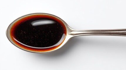 Dark, thick liquid ingredient is held carefully in the bowl of a metal utensil against a bright background.