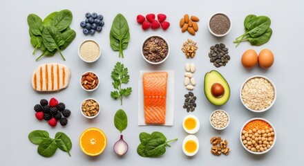 Overhead shot of various colorful healthy foods, arranged on a pale gray surface