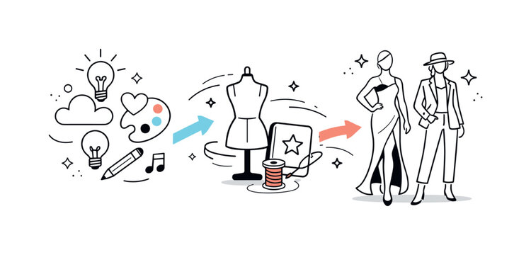 From idea to sketch. Abstract scene showing inspiration icons transforming into fashion drawings. Smooth creative flow expressed with arrows