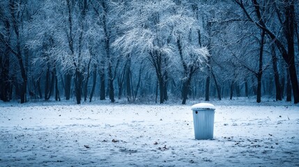Solitary waste receptacle rests on a snow covered clearing before a dense, frost covered forest