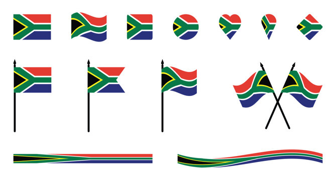 South Africa Flag Vector Collection Icons, Buttons, and Waving Ribbons Set.