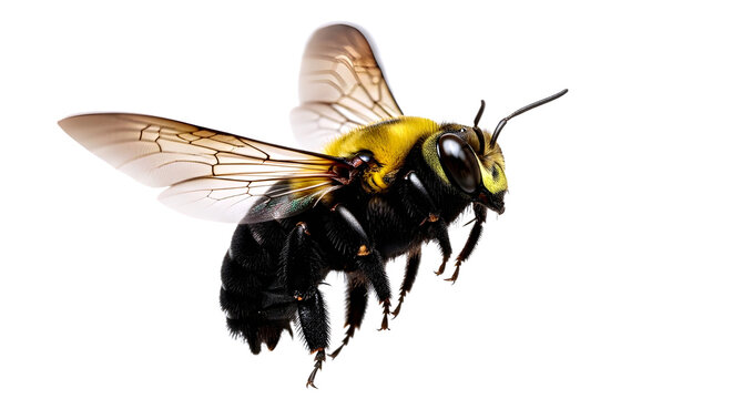 Flying carpenter bee in mid-air with transparent wings, isolated on transparent background