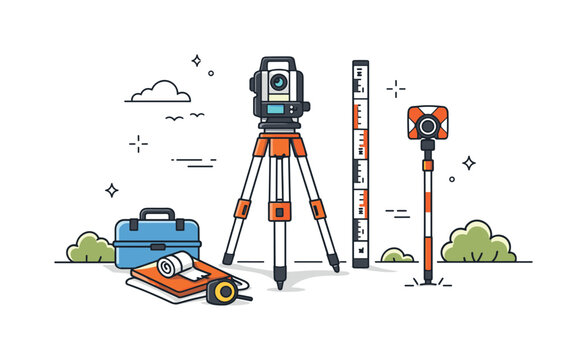    Surveying instruments. A clean outdoor scene with a tripod-mounted theodolite and measuring tools placed neatly nearby. Calm professional
