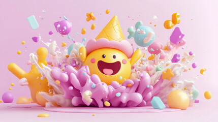 Obraz premium Cute 3D yellow character with ice cream cone hat smiling amidst explosion of pastel candy and whipped cream splashes on soft pink background