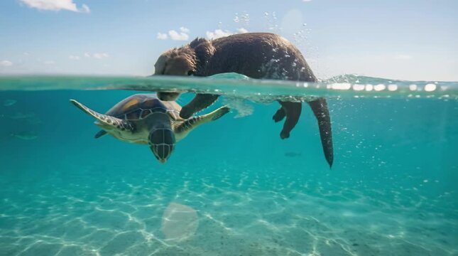 Cinematic Wildlife Comedy Scene Of A Playful Otter In Crystal-Clear Turquoise Ocean Water, Captured In A Split-Level Shot Above And Below The Surface, As The Camera Tracks And Smoothly
