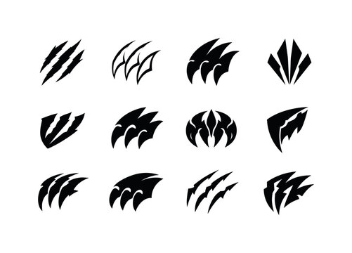 Ruthless hunters. Icon set. Set Logo of ruthless hunters: fang or claw symbol. harmonious logo variations of the same emblematic concept,