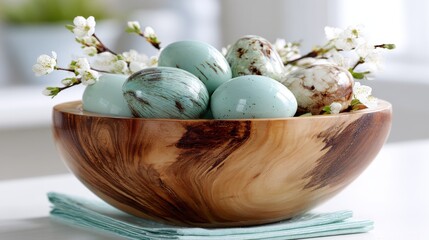 Group of dyed and speckled eggs rests in a wooden bowl adorned with spring blossoms
