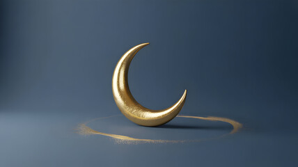 Golden crescent moon against a dark blue background with golden particles.