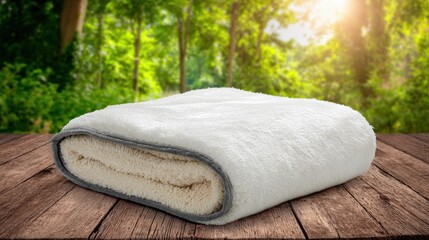 Thick, soft white blanket is displayed folded on a rustic wooden surface in an outdoor setting.