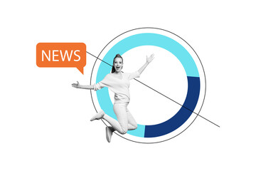 Creative collage image young woman jump news mass media information journalist statistics infographic textbox reply message