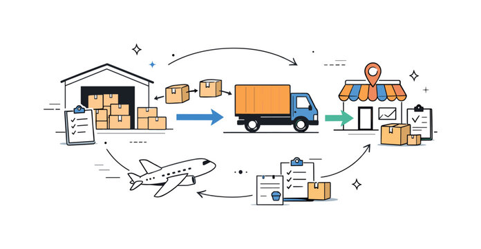 Efficient Supply Chain. Supply chain processes. A clean logistics scene with boxes, arrows, and documents moving between warehouses and delivery points,