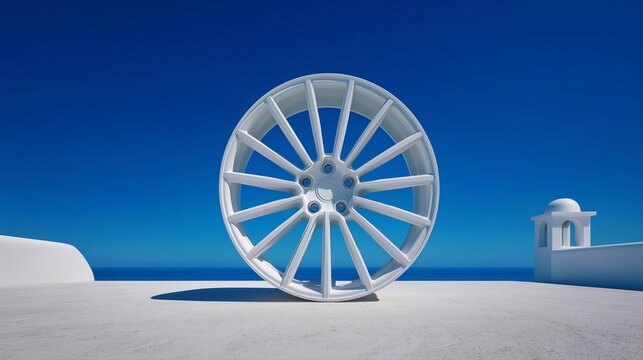 White multi spoke alloy car rim on white surface against blue sky.

