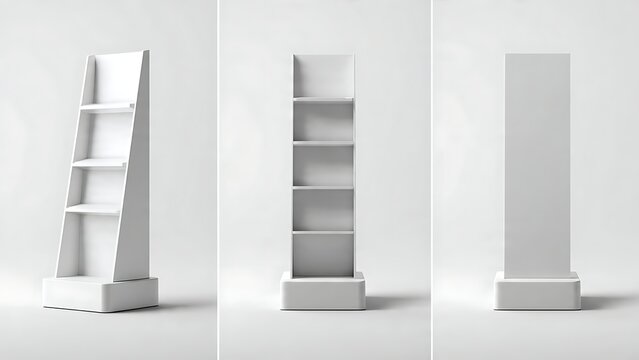 White Minimalist Display Shelves on White Background.