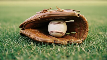 Baseball glove holding a ball on a green field. Close up shows textured leather and stitching