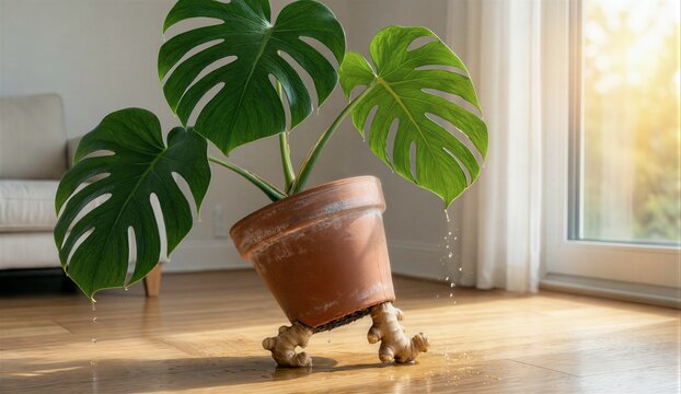 Monstera plant with ginger legs walking in sunlit room