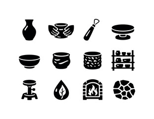 Handmade Pottery Icons. Handmade Pottery. Solid icon set of Handmade Pottery: handcrafted vase, artisan hands, clay shaping tool, rotating wheel, small bowl,