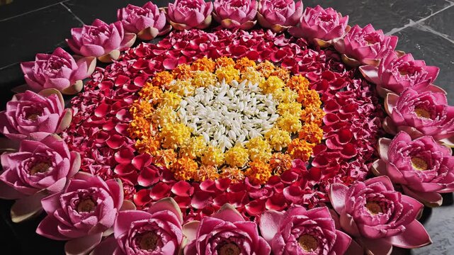Intricate Flower Arrangement With Pink Lotus Flowers Red Rose Petals Orange Marigold And White Jasmine In Circular Mandala Pattern Detailed Close Up Overhead Shot