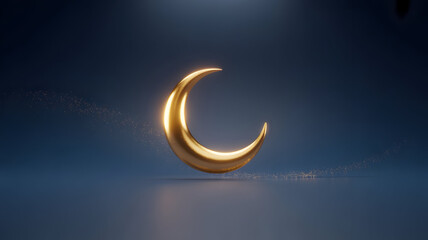 Golden crescent moon with particles in a dark blue background render.