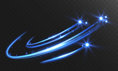 Light blue glowing swoosh trails with sparkling stars isolated on transparent background, dynamic abstract motion streak effect.  © NAUM