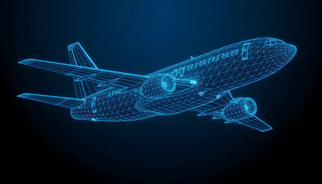 A futuristic airplane wireframe model in a dark blue environment viewed from the side