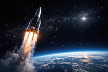 Fototapeta premium Rocket launching from Earth into a dark starry sky with a bright sun flare space liftoff