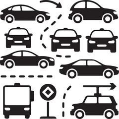 Naklejka premium Collection of black and white car icons with directional arrows for traffic flow and transportation design