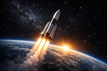 Obraz premium Rocket Launching into Space with Earth and Stars in the Background planet