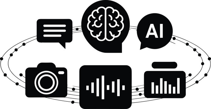 Artificial intelligence ecosystem infographic with brain chat photography audio and data icons representing multimodal machine learning and digital transformation technology