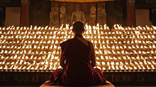 Monk in deep meditation surrounded by countless glowing butter lamps in a dimly lit temple casting warm light on the serene atmosphere and a large statue in the background