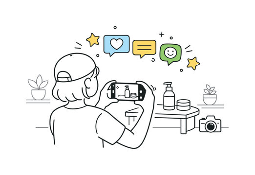 User-generated content example. A creator taking a photo of a product at home, chat bubbles and star icons gently appearing above the screen.