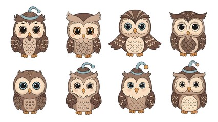 Obraz premium Eight cartoon owls in various poses and hats displayed on a white background