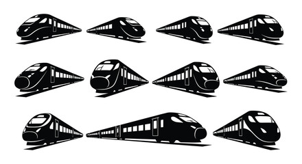 A collection of stylized black and white high speed train illustrations © Begum