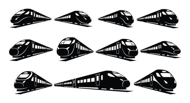 A collection of stylized black and white high speed train illustrations