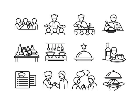 Culinary Icon Collection. Culinary experience. Line icon set of culinary experience: tasting session, chef presentation, cooking demo, food critique,