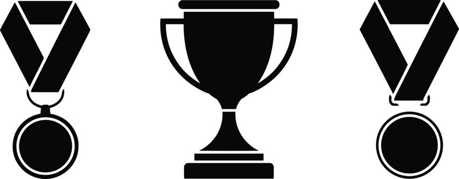 Black silhouette set of winner trophy cup and sports medals representing achievement victory success award and competition recognition icons on white background
