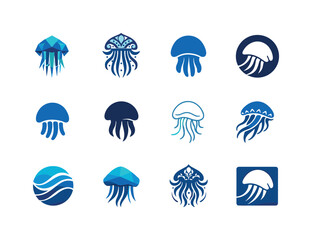 Ocean biodiversity. Icon set. Set Logo of Ocean biodiversity: jellyfish. harmonious logo variations of the same emblematic concept, each with