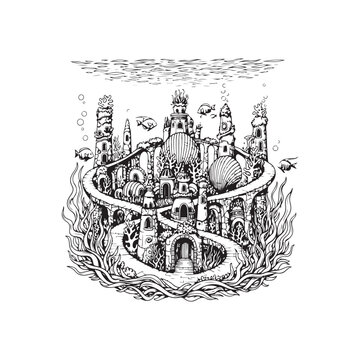 Underwater Fantasy Kingdom and Lost City Atlantis Vintage Engraving Illustration