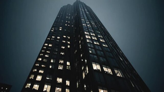 Dark Skyscraper at Night in Fog, Moody Urban Atmosphere, City Lights