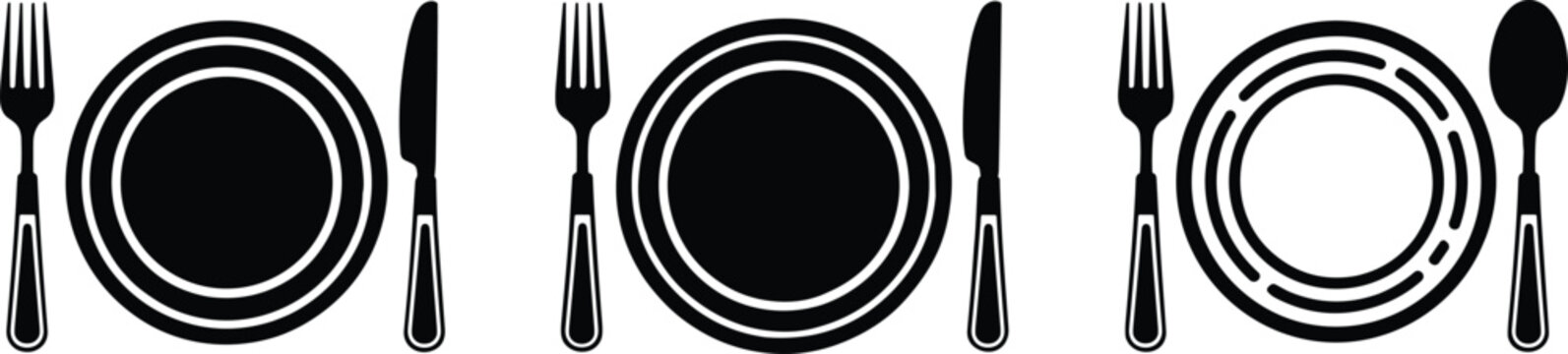 Black silhouette set of plate fork knife and spoon cutlery icons representing restaurant dining table setting catering and kitchen food service