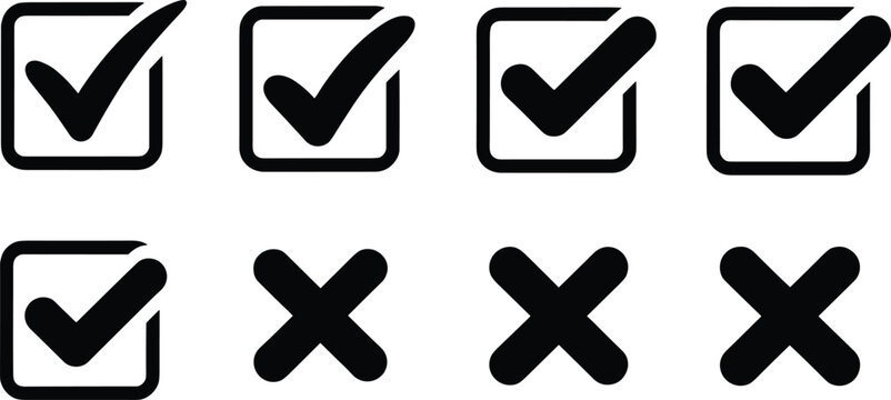 Black silhouette set of check marks and cross symbols in squares for checklist survey feedback and validation interface design elements isolated on white background