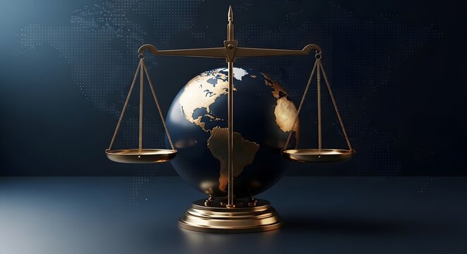 Globe on scales of justice with feather