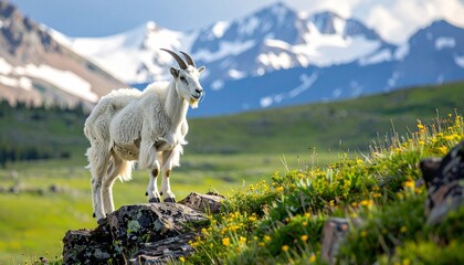Majestic Mountain Goat Standing Proudly in a Lush Alpine Meadow.