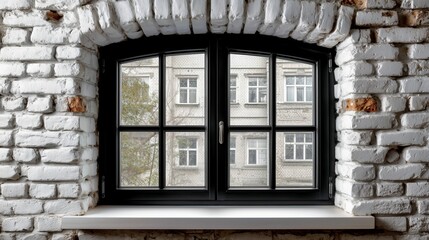 Fototapeta premium Industrial loft window with black frame set in textured white brick wall.