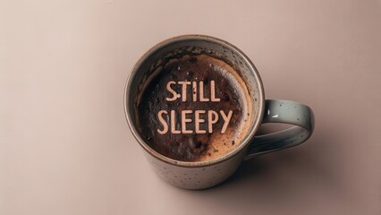 Cozy coffee mug with 'Still Sleepy' text on a soft pink background