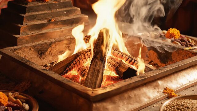 Sacred Fire Altar With Burning Wood Logs And Offering Bowls Filled With Spices And Marigold Flowers In Dim Warm Lighting