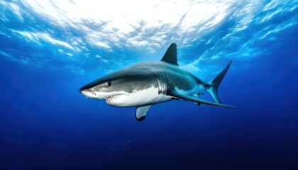 Obraz premium Majestic Great White Shark Swimming Gracefully in Deep Blue Ocean.