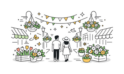 Street festival flowers. Fresh spring floral arrangements and hanging baskets line a pedestrian street, abstract stars and dots emphasizing