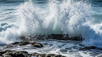 Obraz premium Ocean wave crashes onto rocks, creating a dynamic splash with texture and contrast